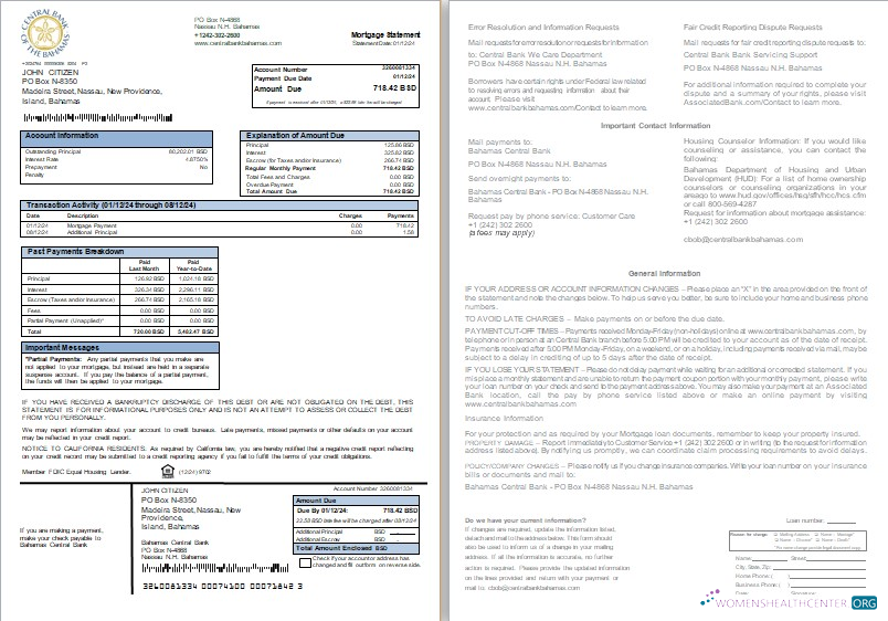 Download Bahamas Central Bank bank mortgage statement, 2 pages,1 2 scr Photoshop template